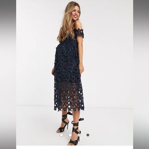 Chi Chi London Maternity bardot lace midi dress in white